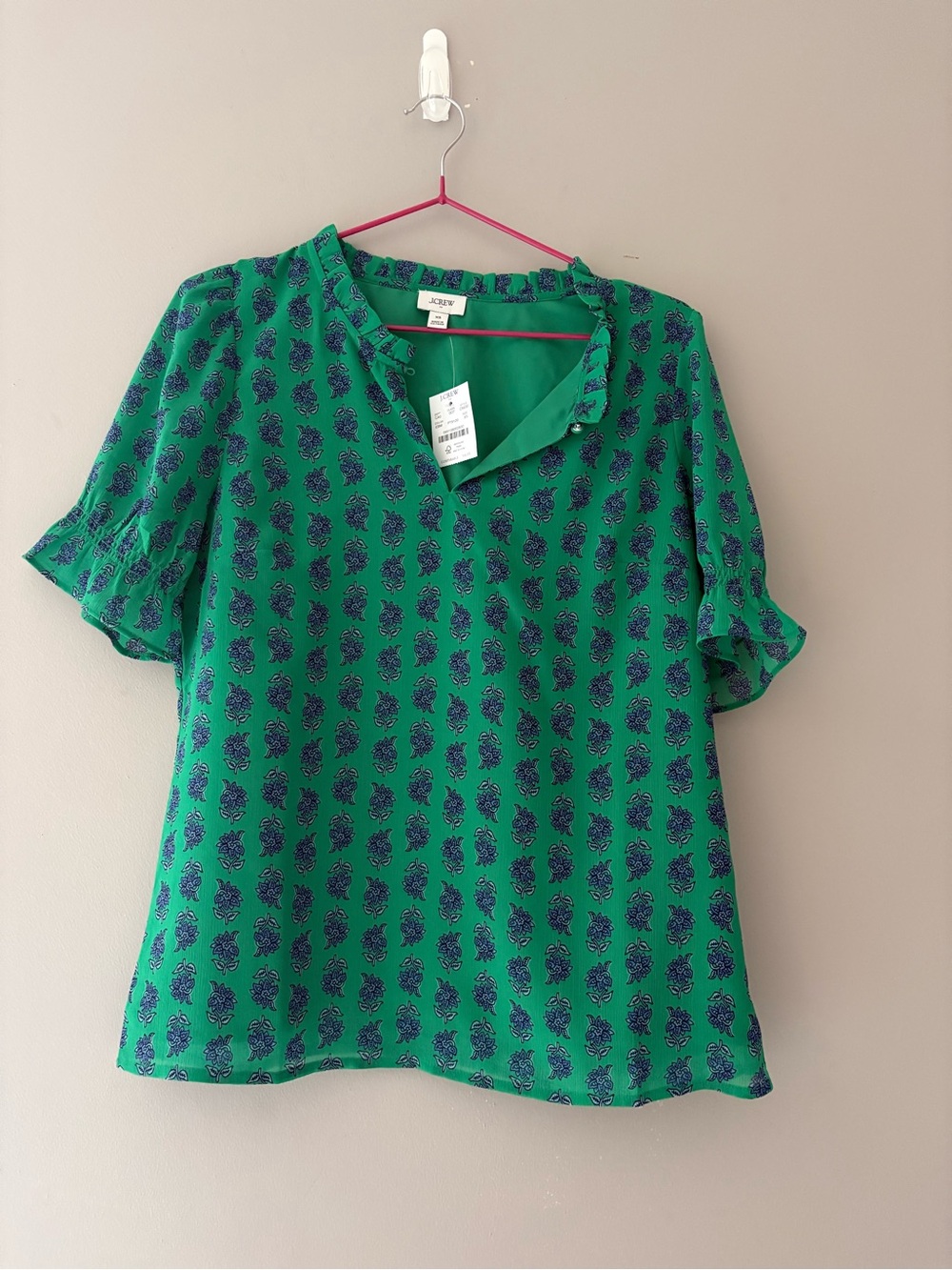 J. Crew Green Short Sleeve Floral-Print V-Neck Blouse